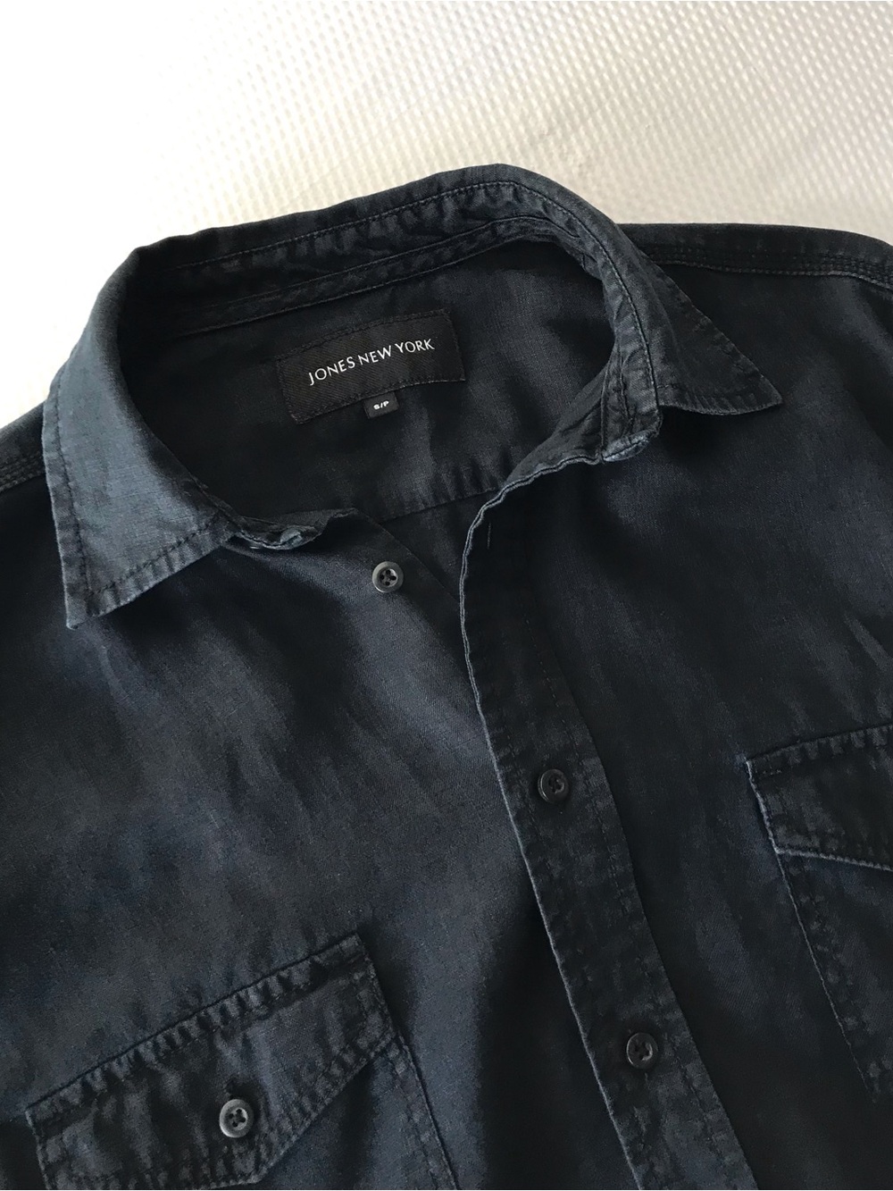 Jones New York Black Linen Button Up Short Sleeve Shirt Small
